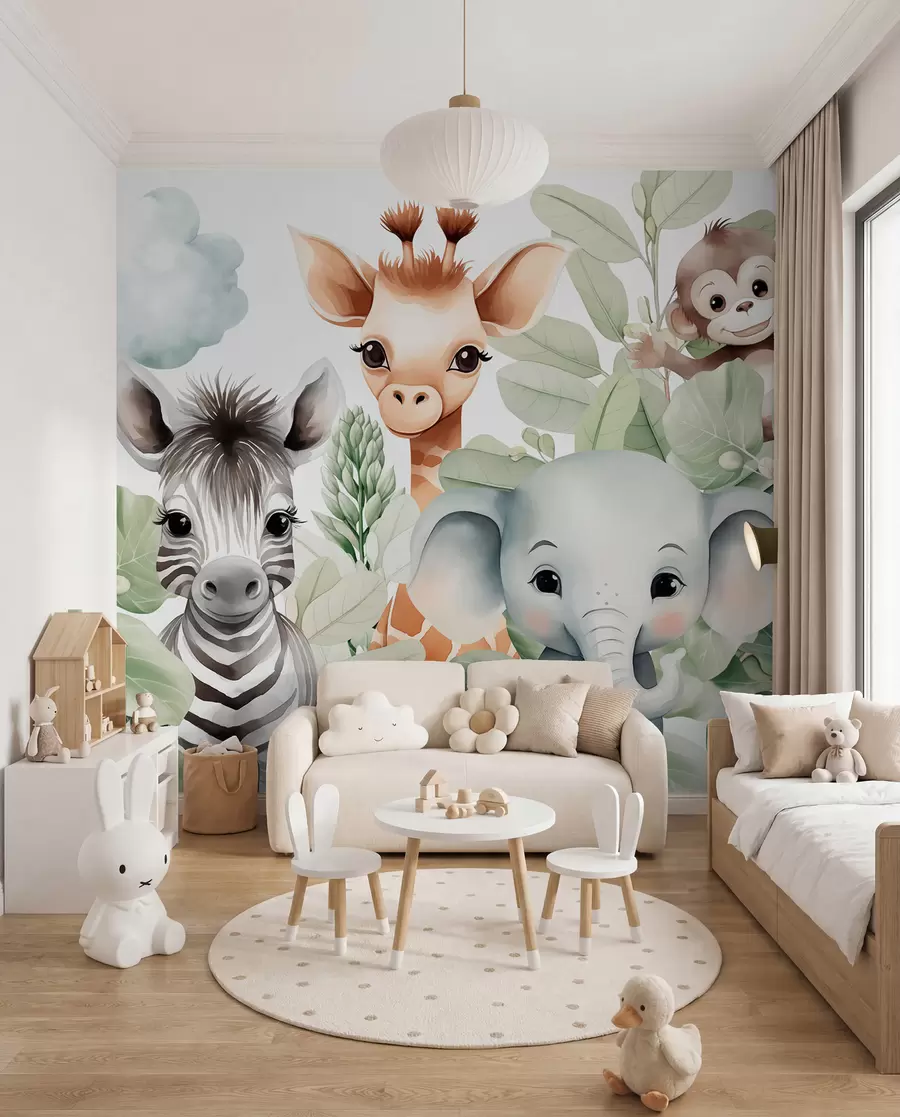 Fototapete Giraffe, Zebra, Elefant und Affe inmitten des Laubes w03677