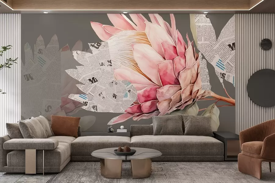 Fototapete Protea Blumen, Zeitungskunst, floral, tropisch, grüner Hintergrund w03667v1