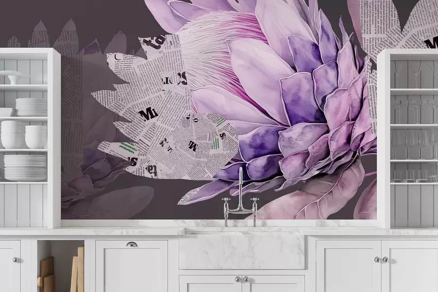 Fototapete Protea Blumen, Zeitungskunst, floral, tropisch, dunkler Hintergrund, lila Farben w03667v2