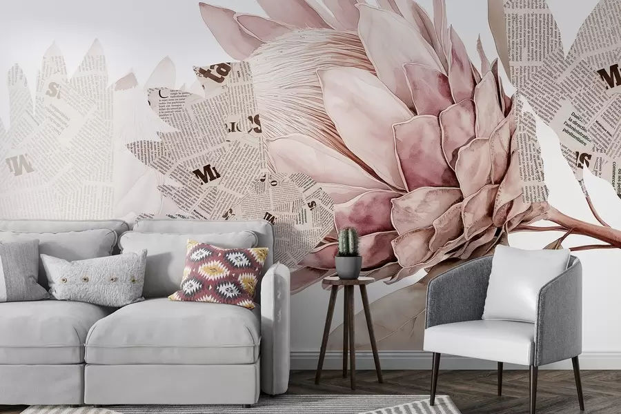 Fototapete Protea Blumen, Zeitungskunst, blumig, tropisch, pastellbeige Farben w03667v4