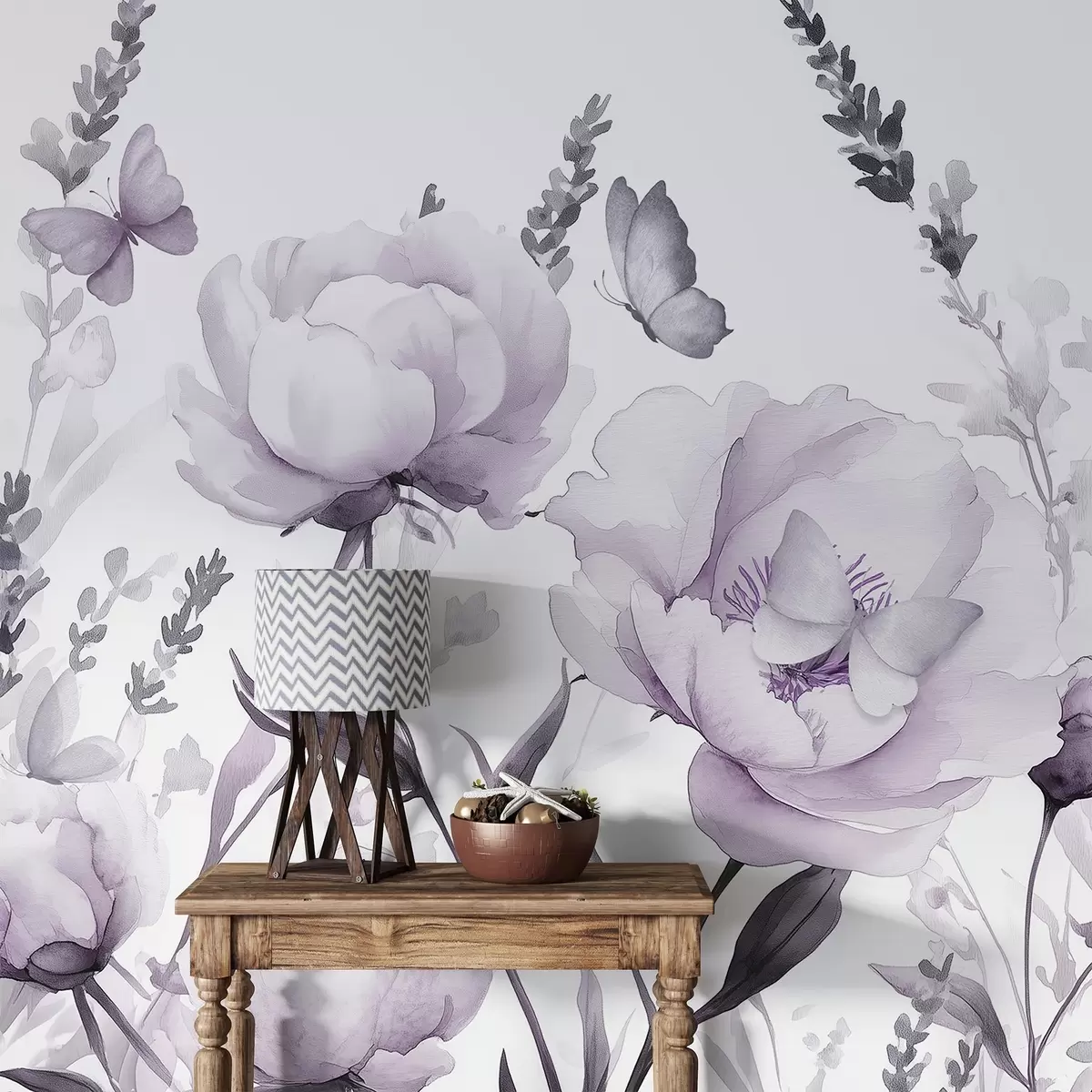 Fototapete Blumenwiese, Pfingstrosen, Lavendel, Schmetterlinge, Aquarellstil, Pupillenfarben w03668v3