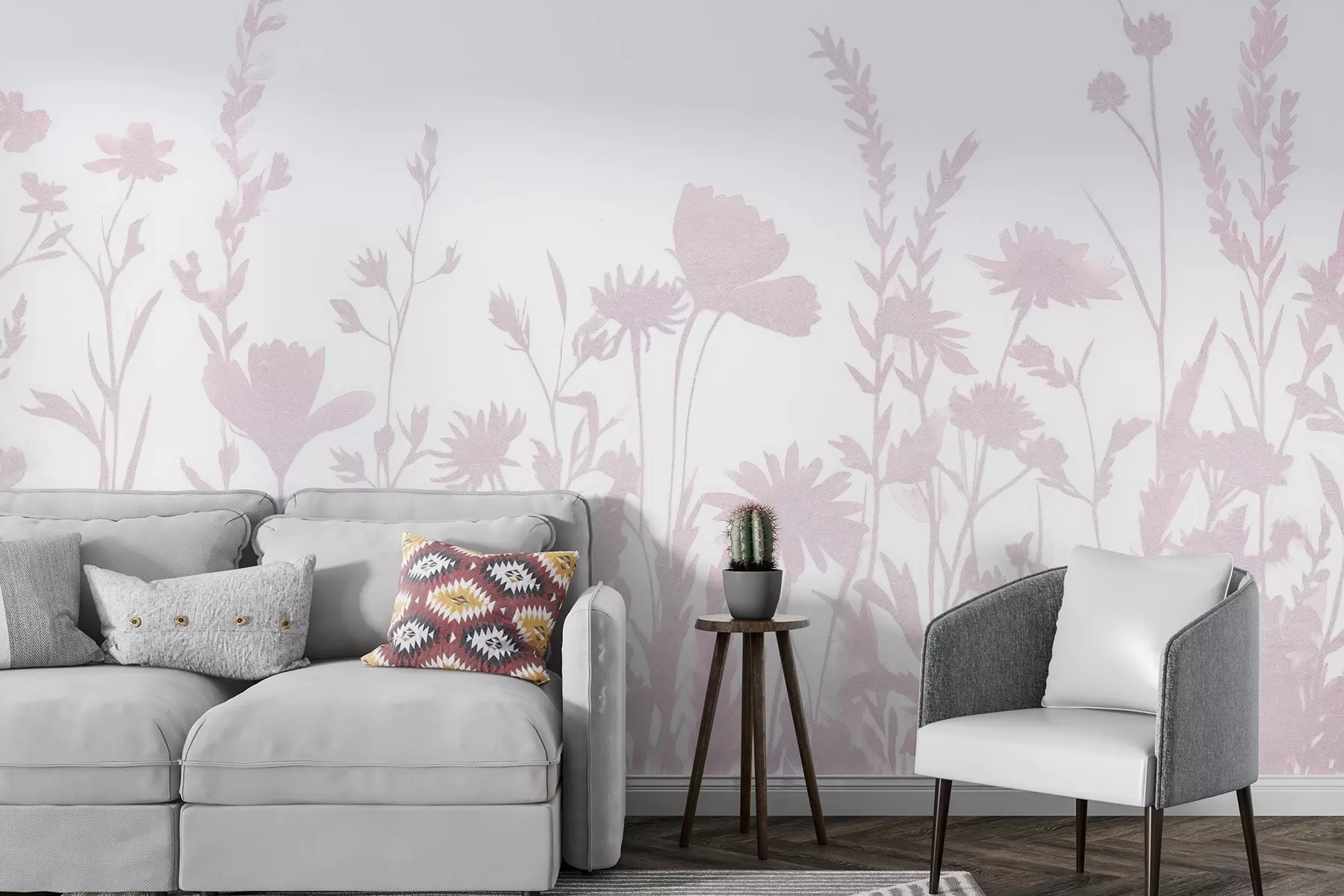 Fototapete Sommerwiese, rustikal, Blumen, rosa Farbpalette  w03670v2