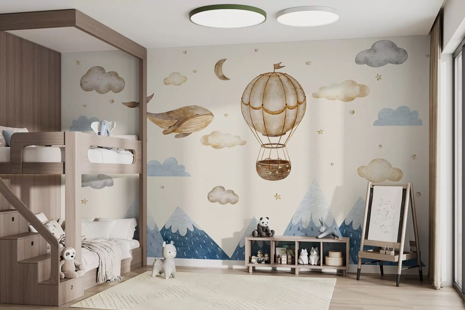 Fototapete Luftballon, niedlicher Wal, Sternenhimmel, Berge, Aquarell, blaue und beige Farben w03672