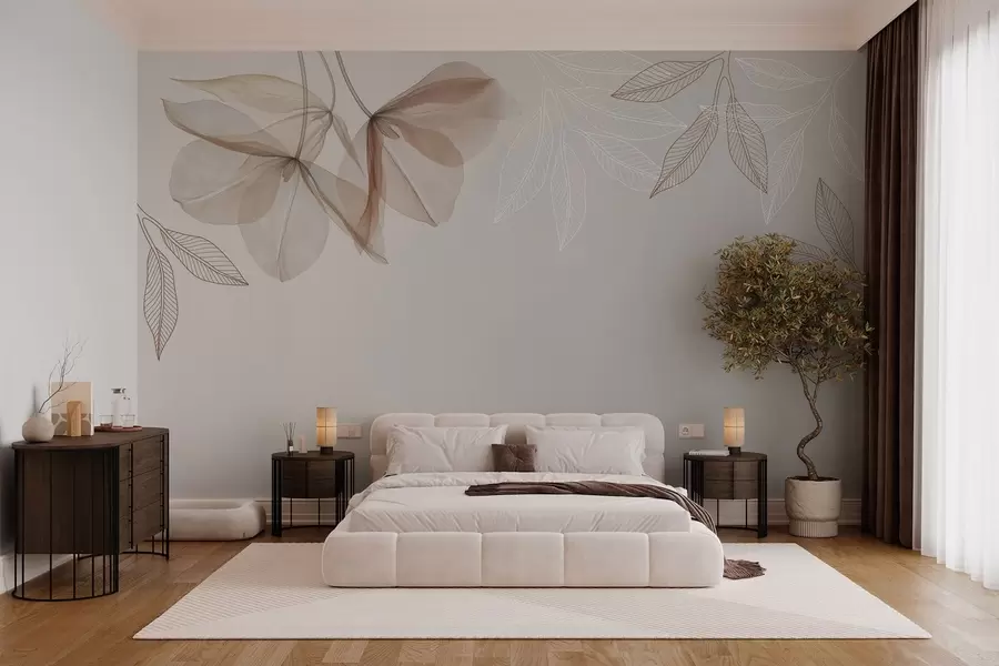 Fototapete zarte durchscheinende Blüten und Blätter in Mokkatönen w03616v3