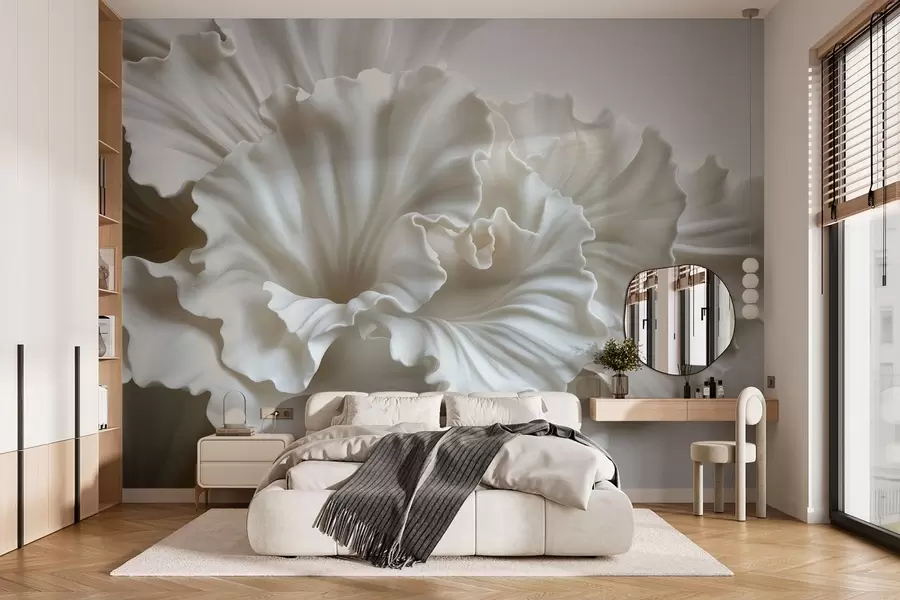 Fototapete zarte weiße Blütenblätter mit kompliziert gewellten Rändern w03620