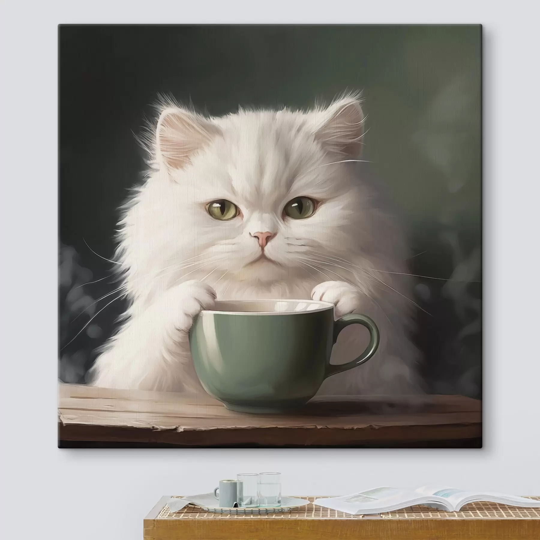 Fototapete Weiße Katze mit grüner Tasse s44032
