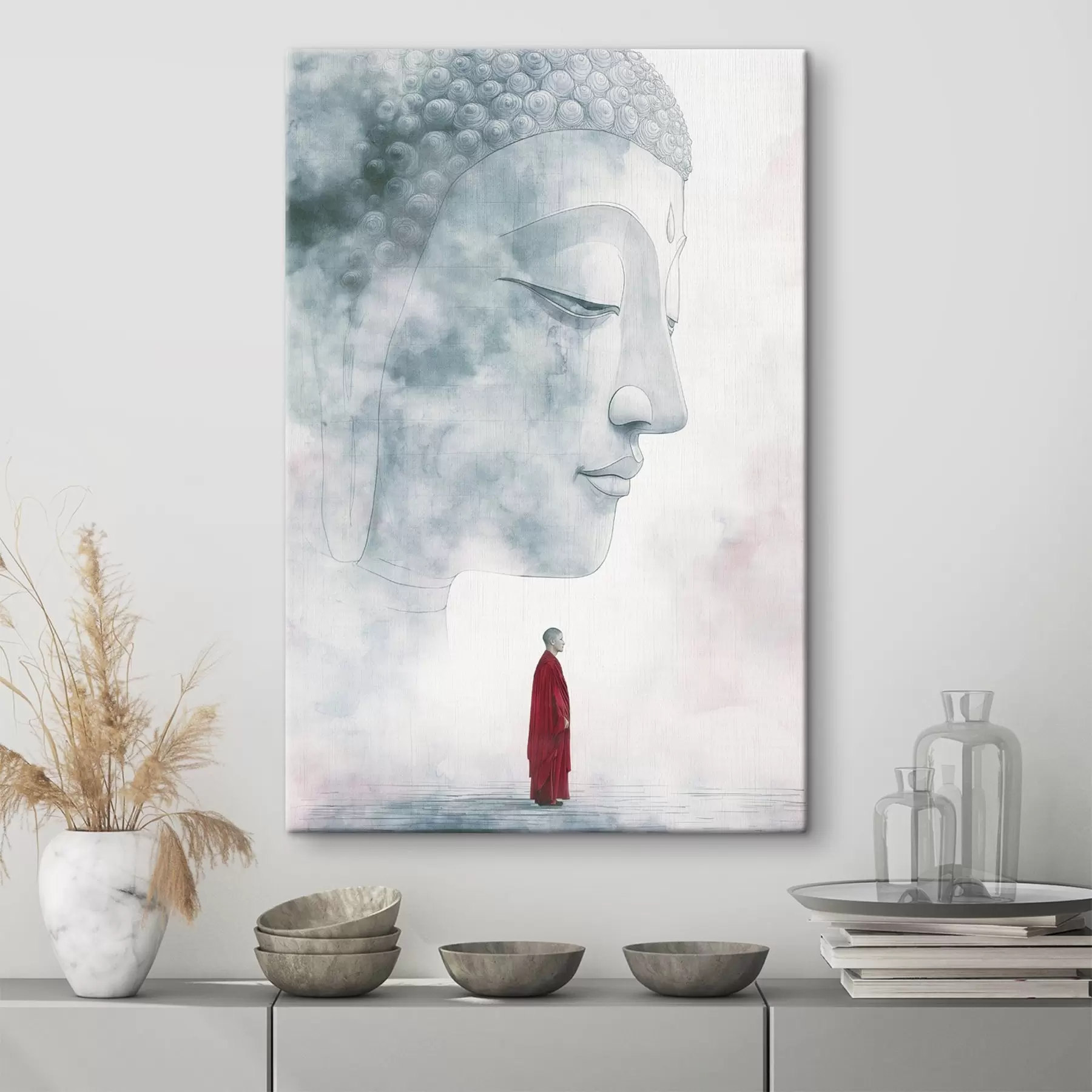 Fototapete Buddhistischer Mönch in roter Robe, Buddha-Silhouette, Aquarellstil s44006