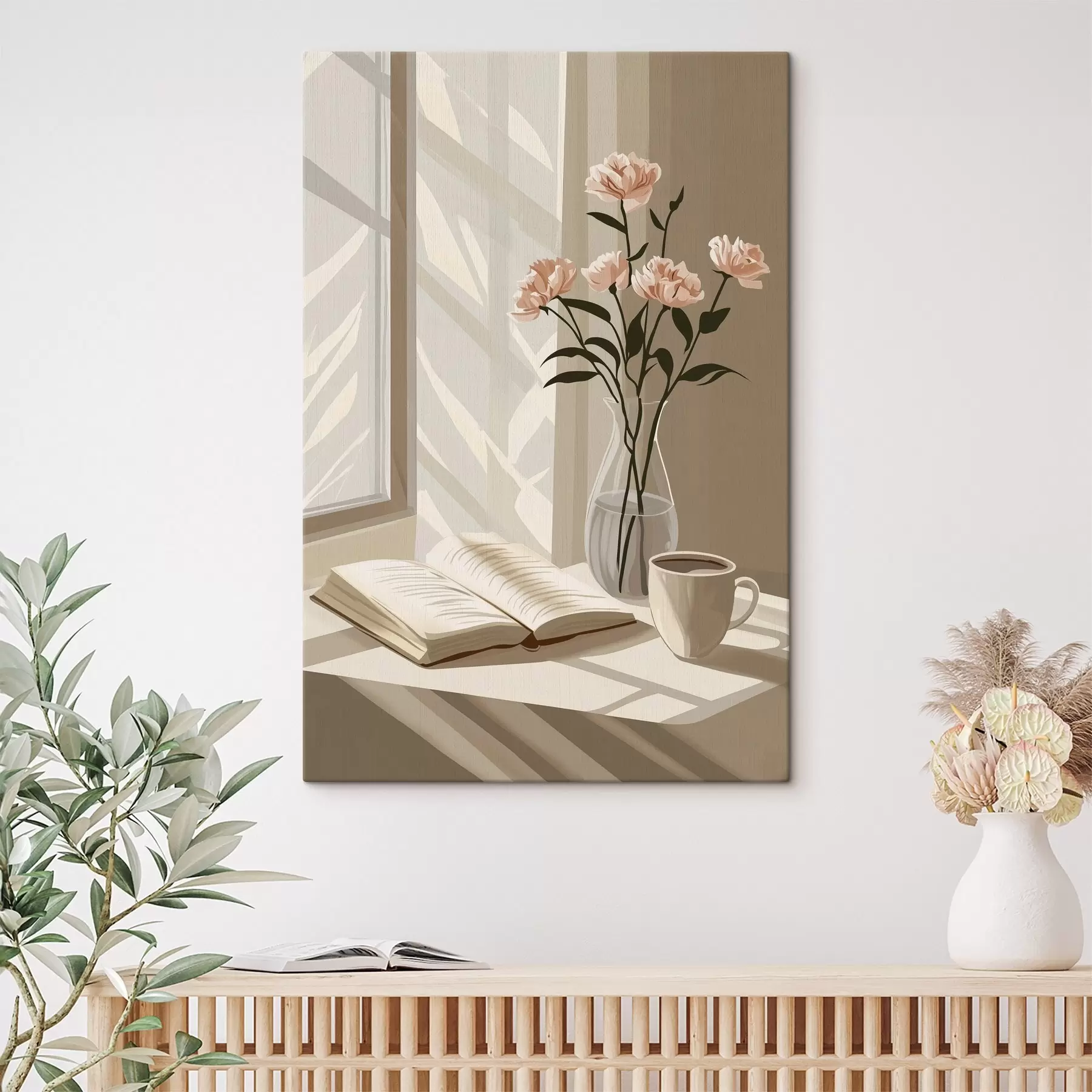 Fototapete Gemütlicher Morgen mit Kaffee und Buch, rosa Blumen, Abstraktion s44013