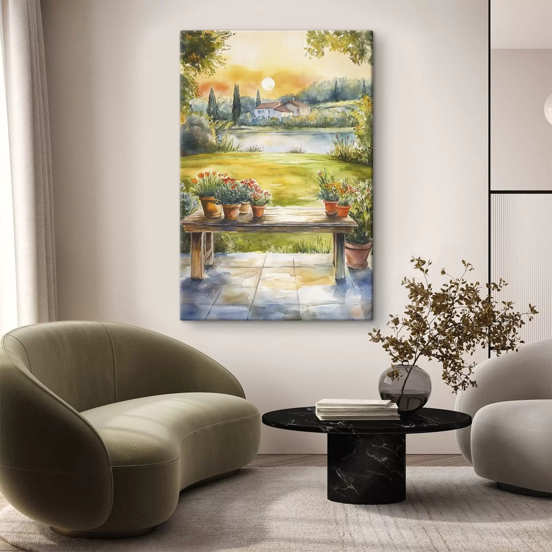 Fototapete Dorf im Sonnenuntergang, rustikal, Sommerblumen, See, Aquarellstil s44016