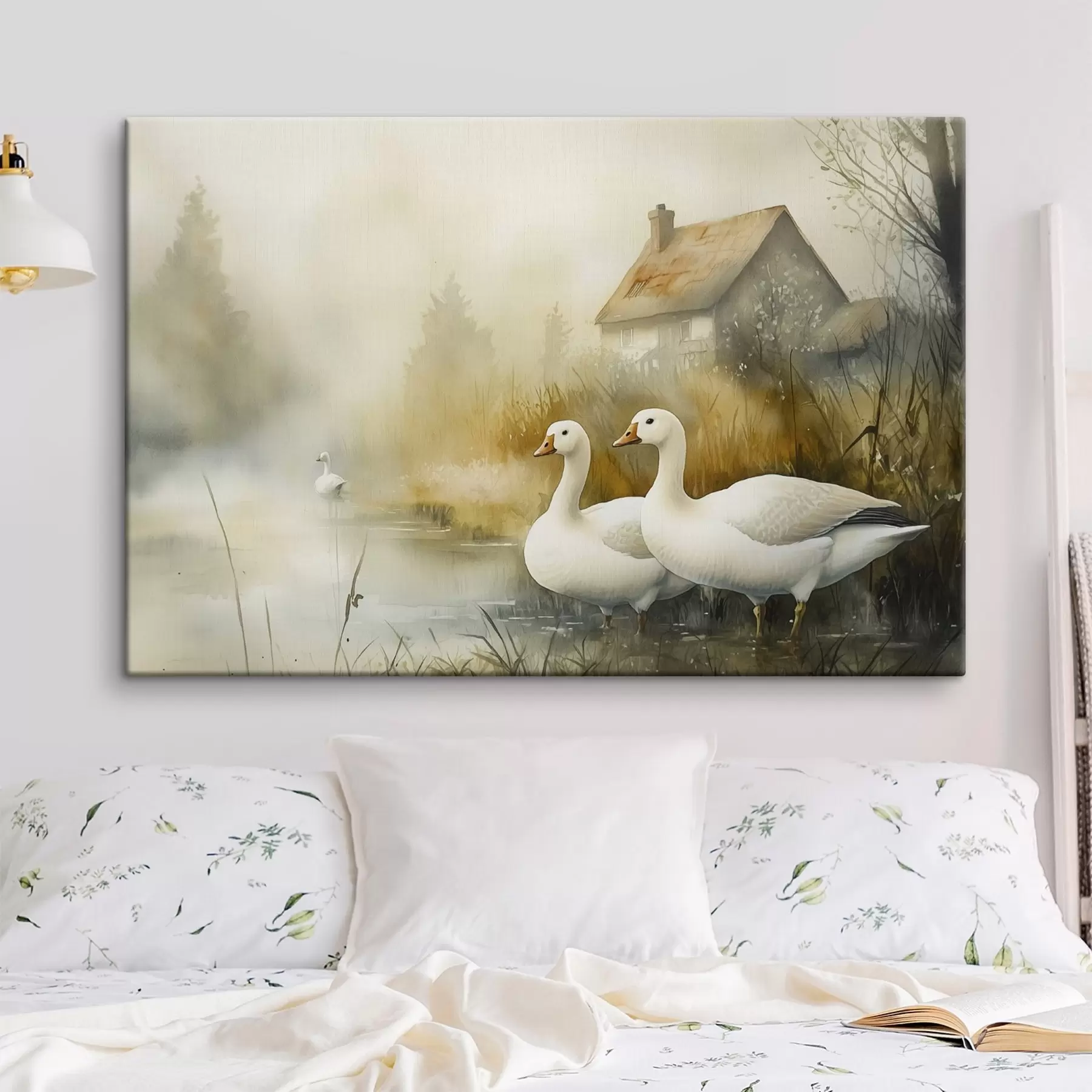 Fototapete Gänse im See in der Nähe des Bauernhauses, rustikal, Aquarell-Stil s44022
