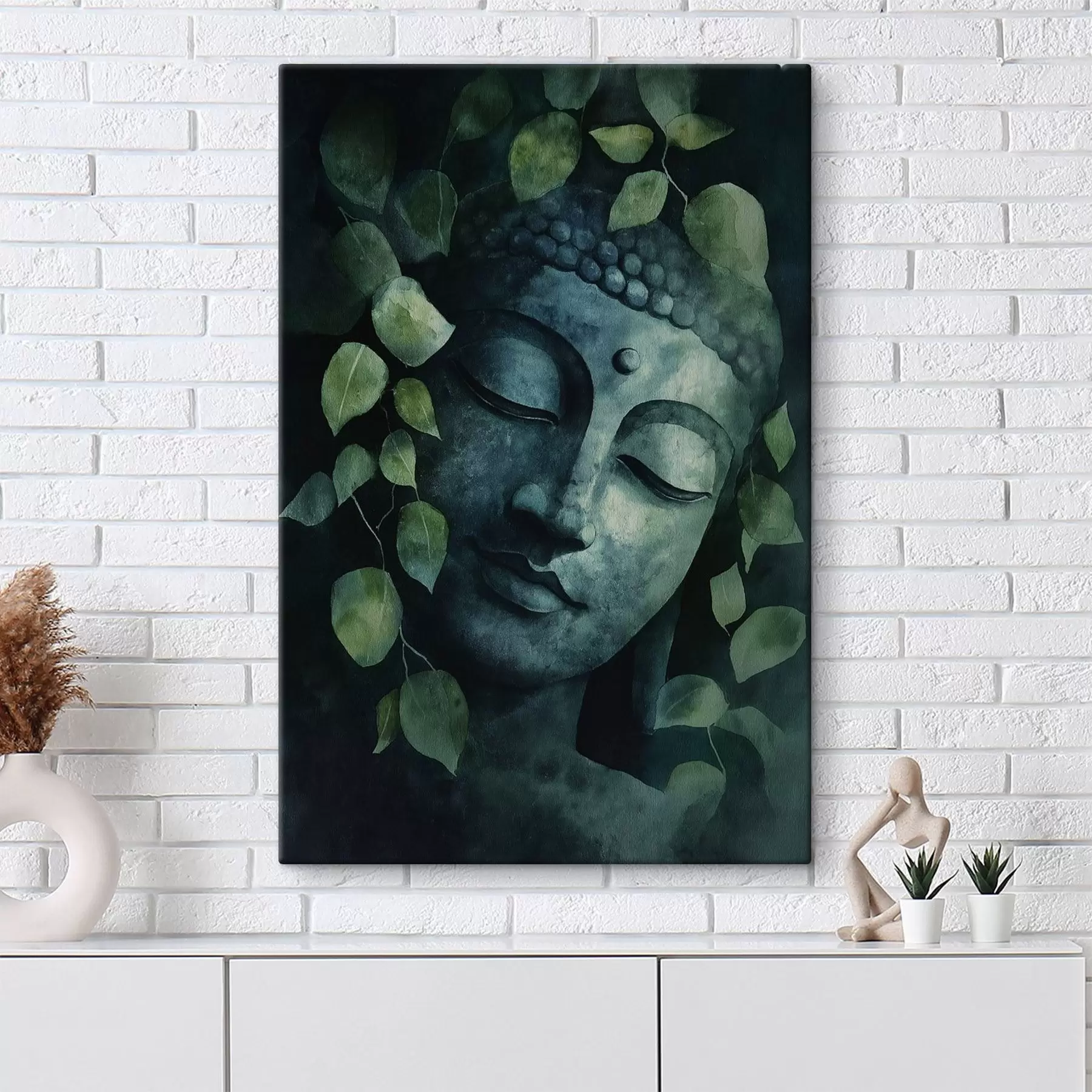 Fototapete Buddha mit geschlossenen Augen, Meditation, grüne Farben s44030