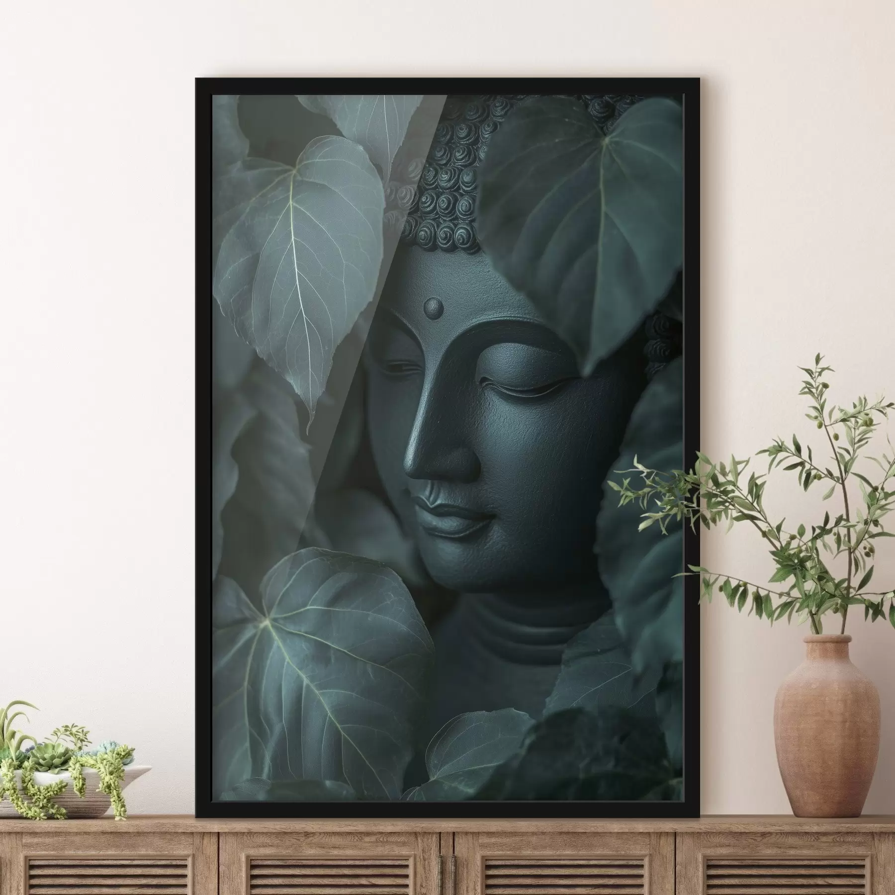 Fototapete Buddha in den grünen Blättern, Buddhismus, tropisch, Realismus f44004