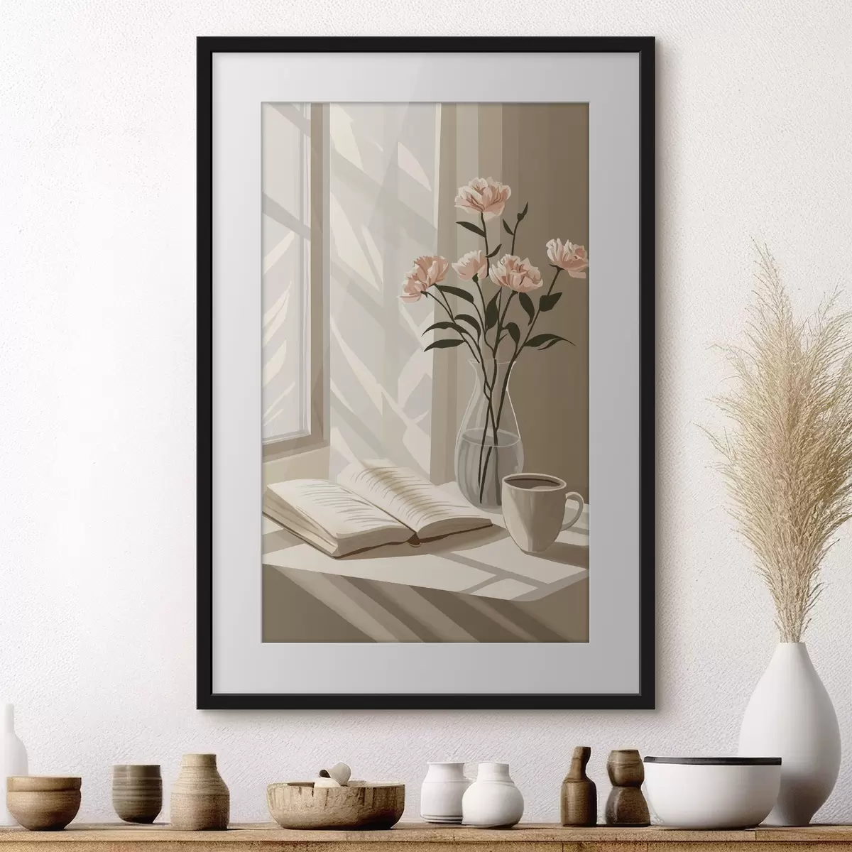 Poster Gemütlicher Morgen mit Kaffee und Buch, rosa Blumen, Abstraktion f44013