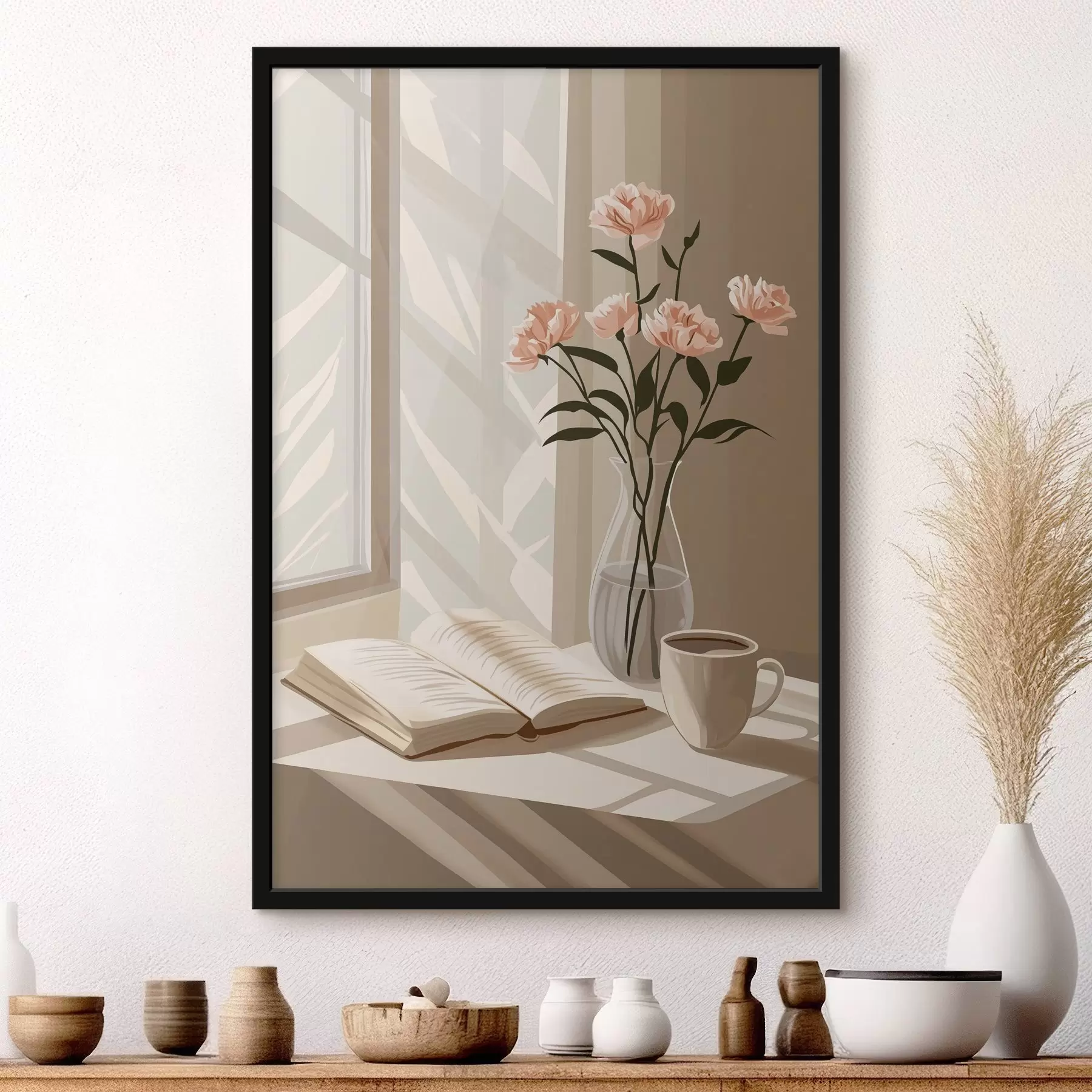 Fototapete Gemütlicher Morgen mit Kaffee und Buch, rosa Blumen, Abstraktion f44013