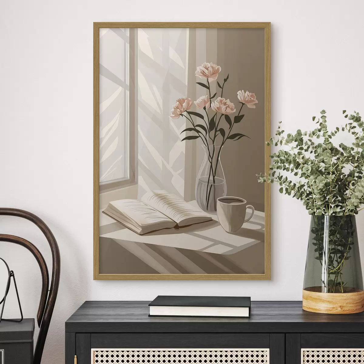 Poster Gemütlicher Morgen mit Kaffee und Buch, rosa Blumen, Abstraktion f44013