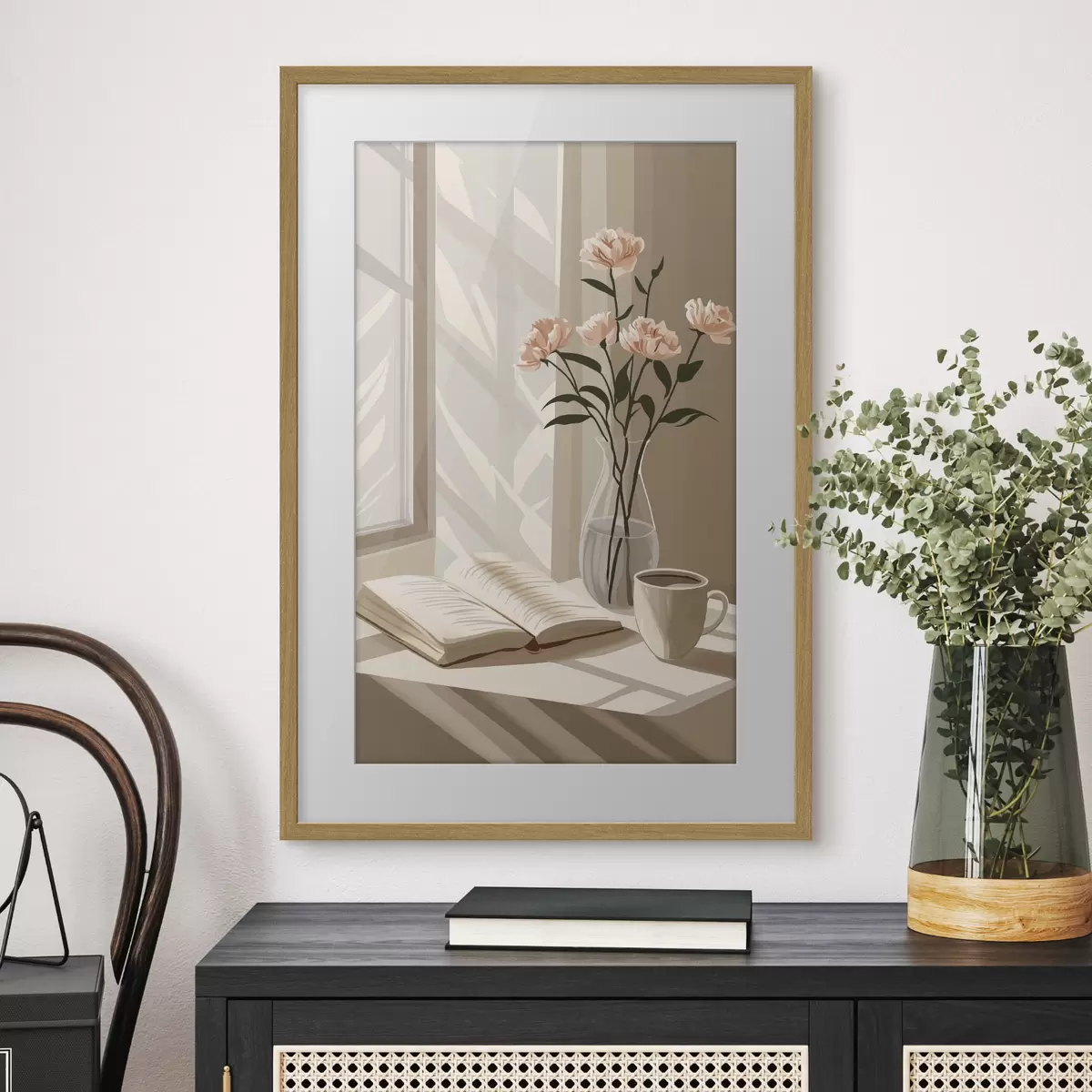 Poster Gemütlicher Morgen mit Kaffee und Buch, rosa Blumen, Abstraktion f44013