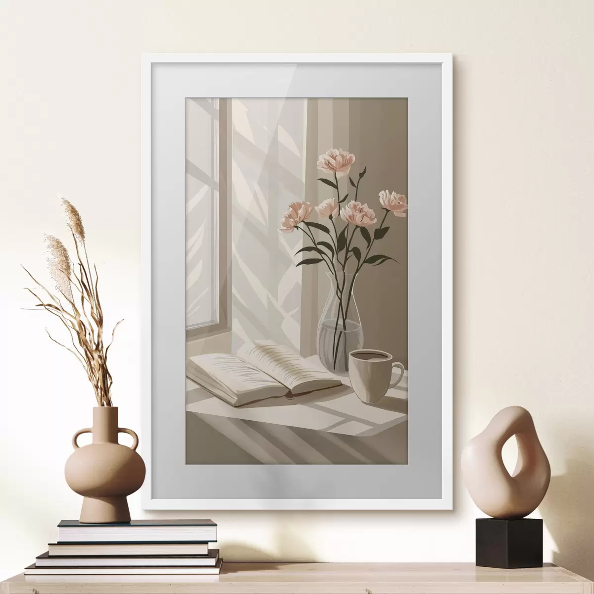 Poster Gemütlicher Morgen mit Kaffee und Buch, rosa Blumen, Abstraktion f44013