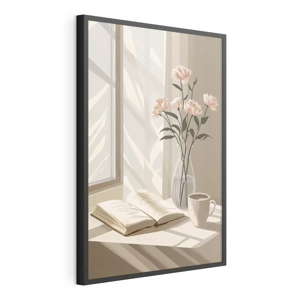 Poster Gemütlicher Morgen mit Kaffee und Buch, rosa Blumen, Abstraktion f44013