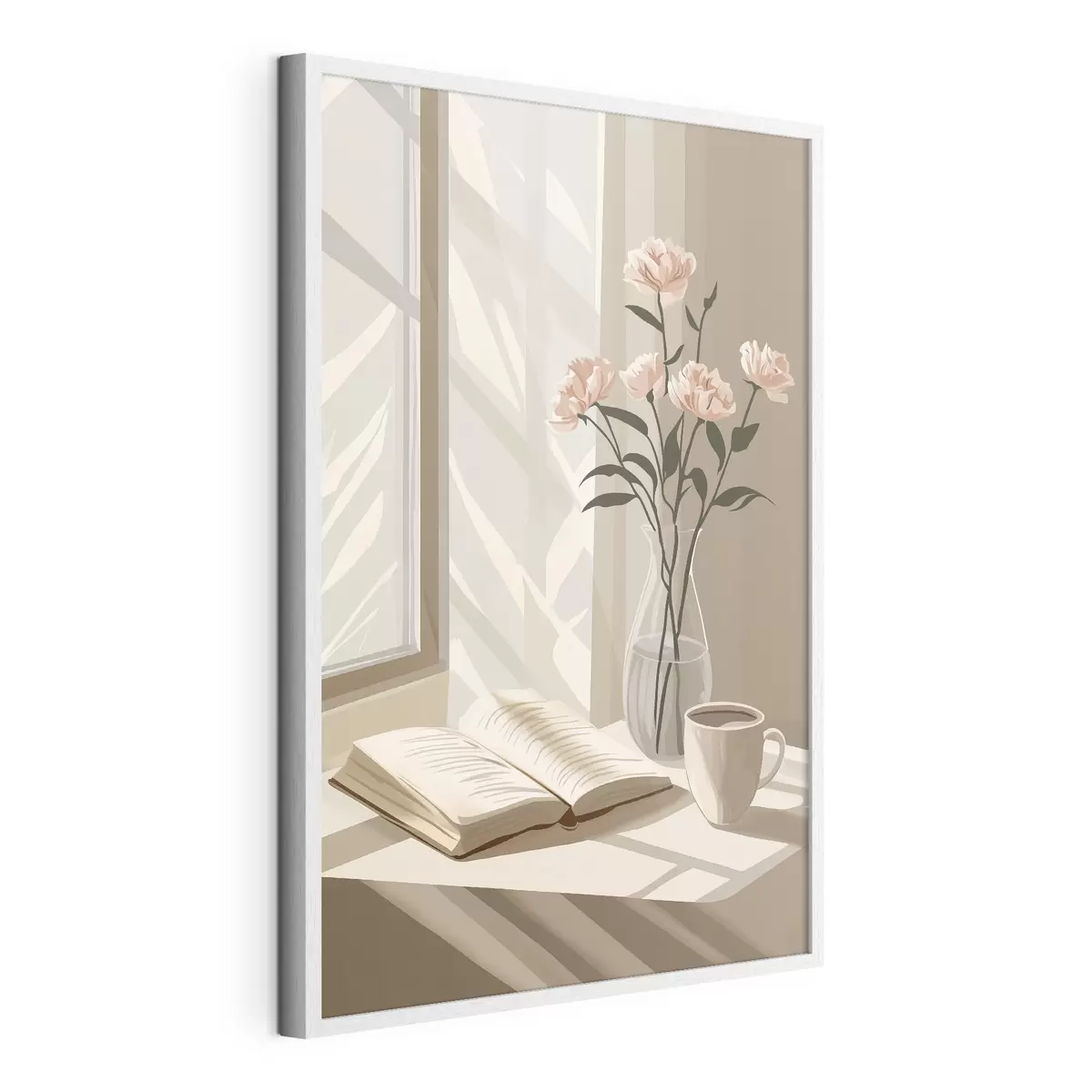 Poster Gemütlicher Morgen mit Kaffee und Buch, rosa Blumen, Abstraktion f44013