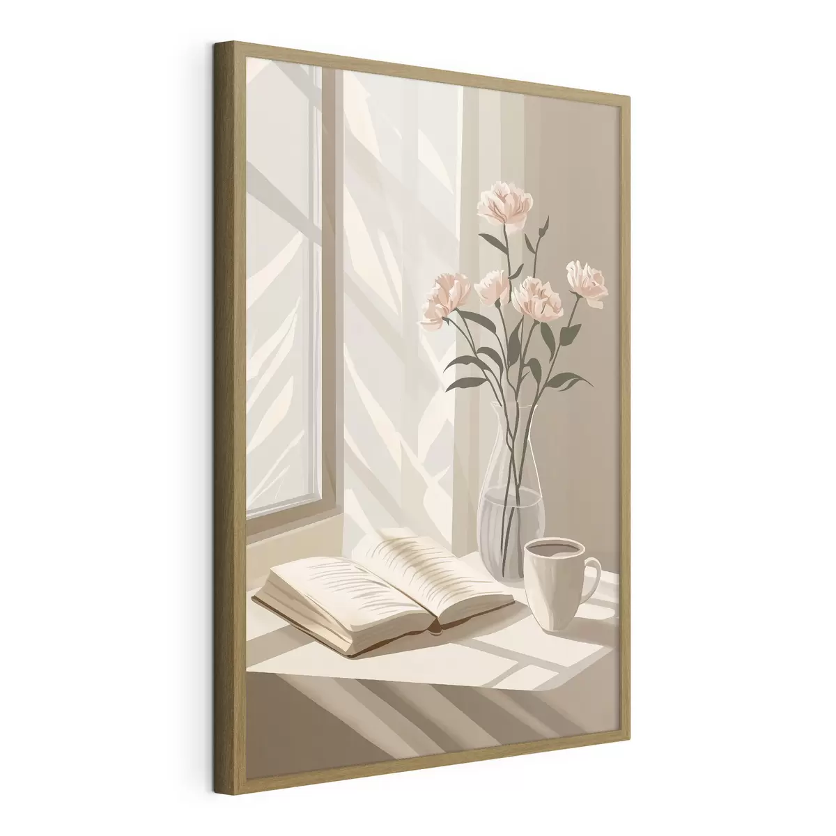 Poster Gemütlicher Morgen mit Kaffee und Buch, rosa Blumen, Abstraktion f44013