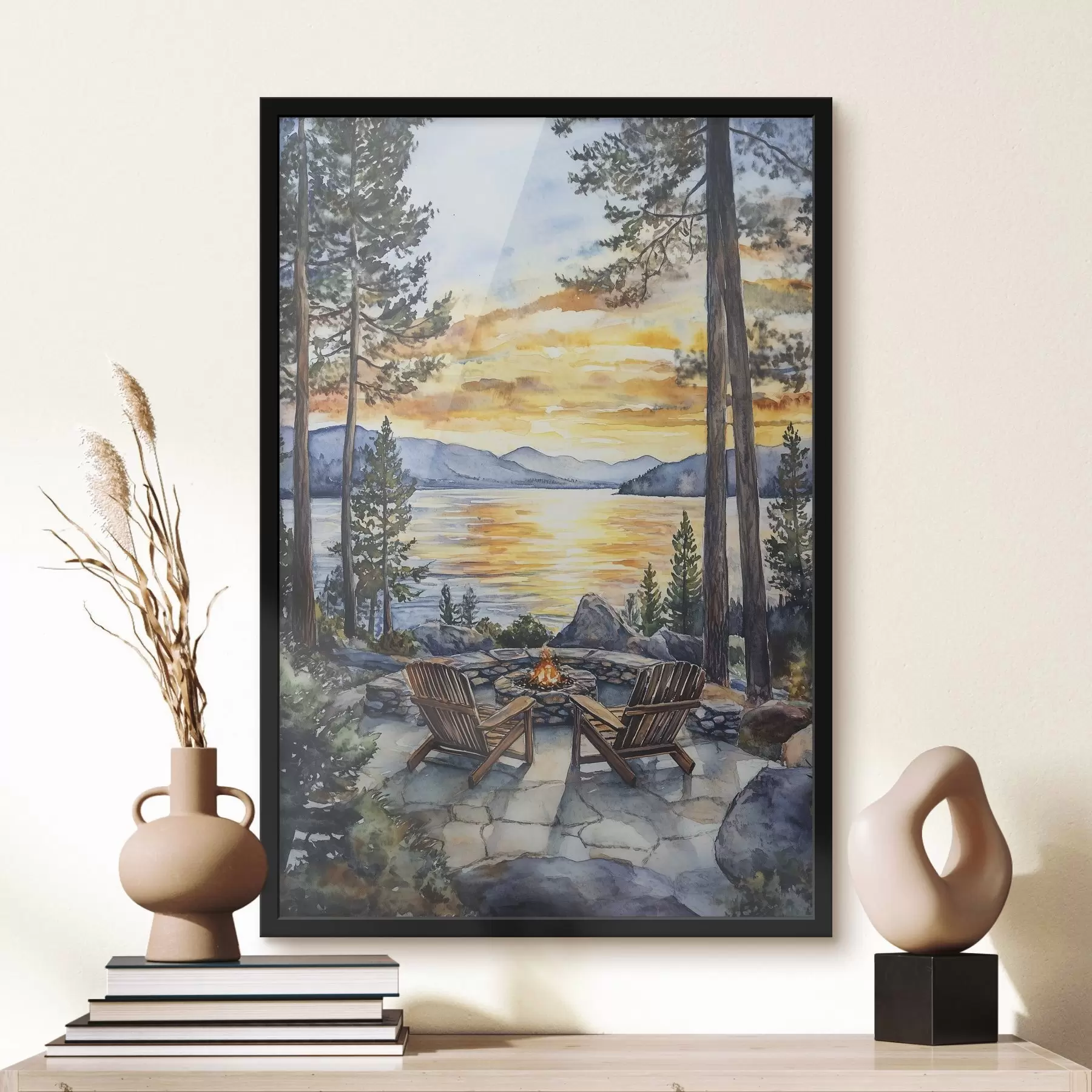 Fototapete See mit Bergen auf den Sonnenuntergang, Reisen, gemütlichen Kamin, Aquarell f44018