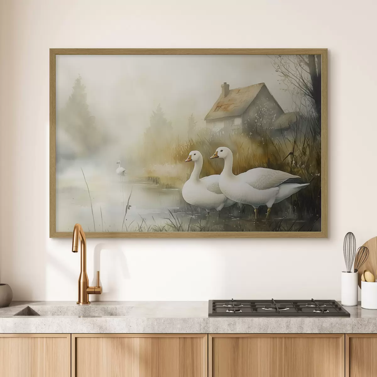 Poster Gänse im See in der Nähe des Bauernhauses, rustikal, Aquarell-Stil f44022