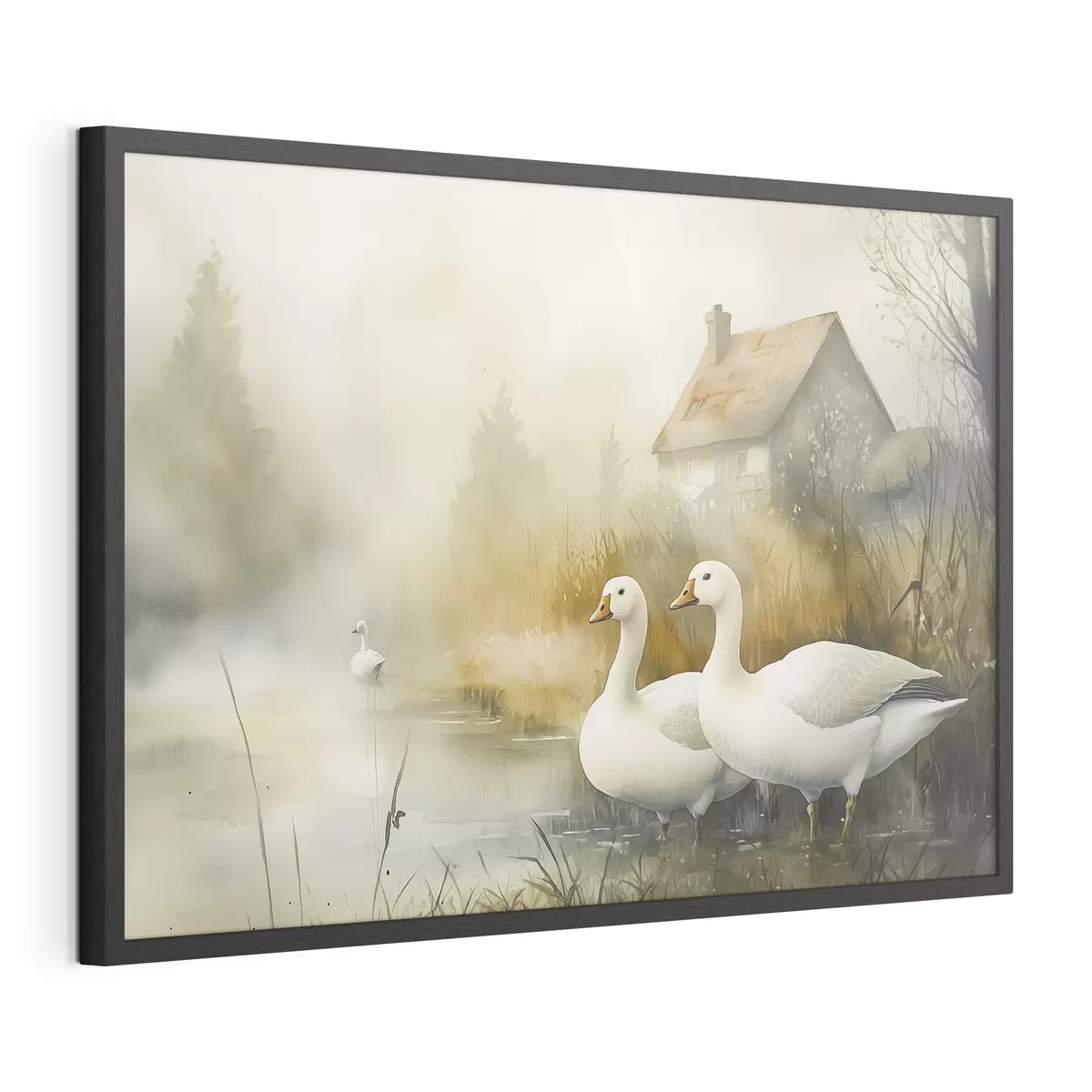 Poster Gänse im See in der Nähe des Bauernhauses, rustikal, Aquarell-Stil f44022
