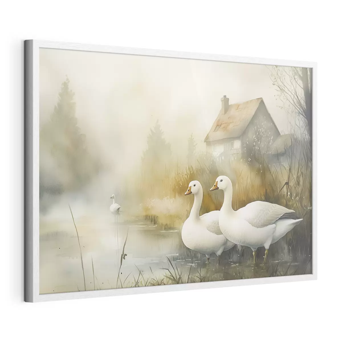 Poster Gänse im See in der Nähe des Bauernhauses, rustikal, Aquarell-Stil f44022