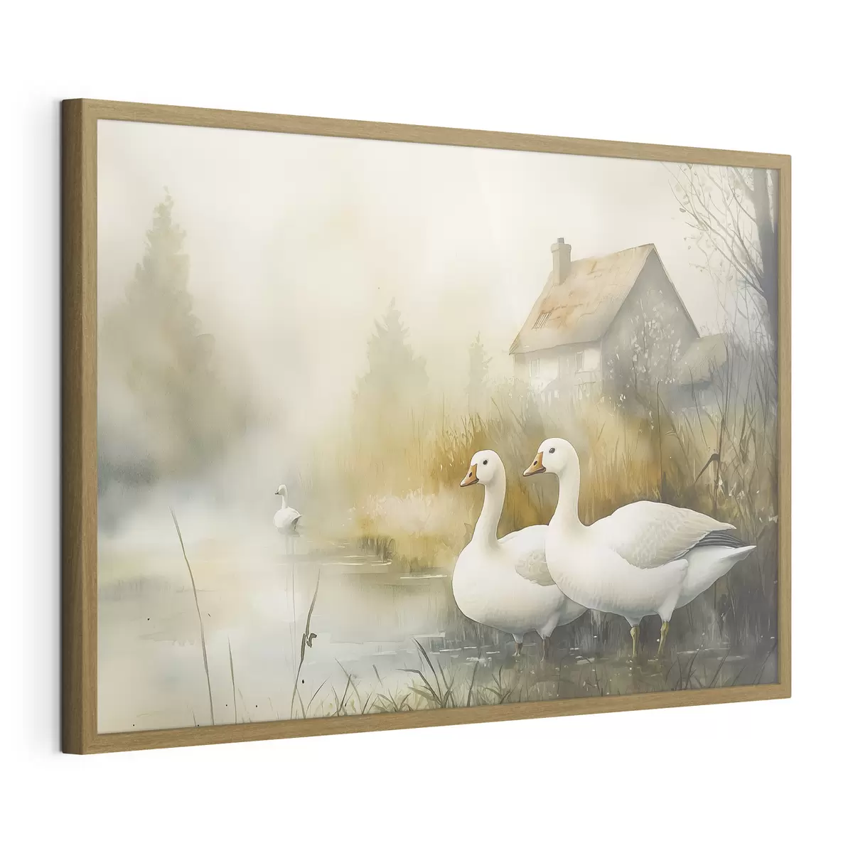 Poster Gänse im See in der Nähe des Bauernhauses, rustikal, Aquarell-Stil f44022