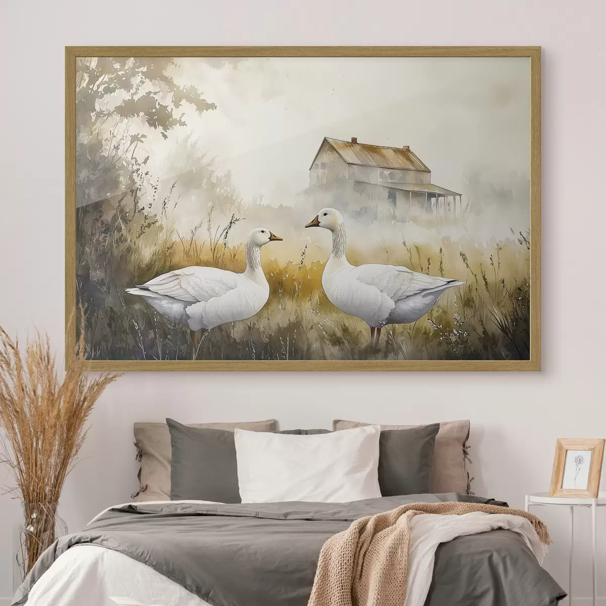 Poster Aquarell-Stil Gänse auf dem Feld, Dorf, rustikal f44024
