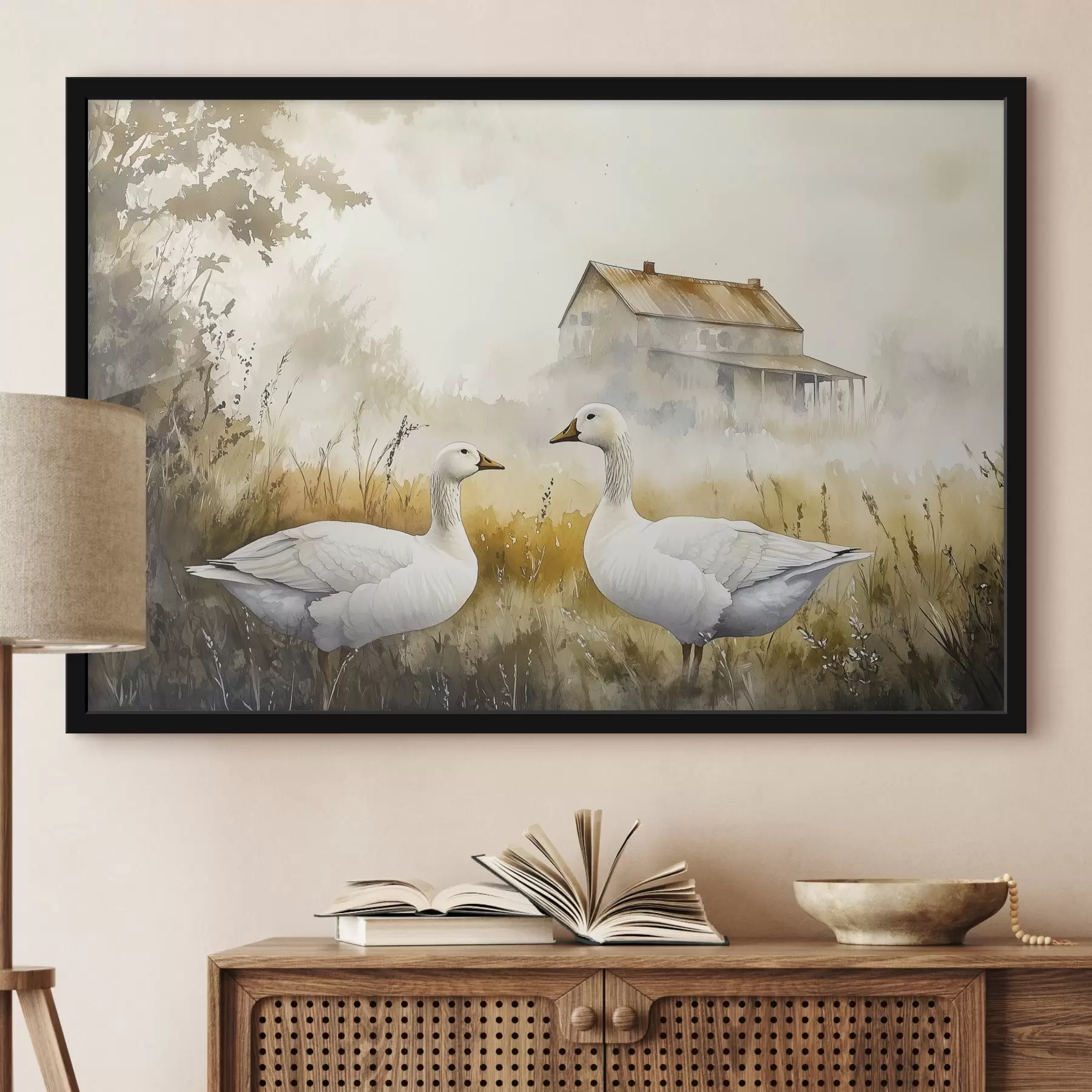 Fototapete Aquarell-Stil Gänse auf dem Feld, Dorf, rustikal f44024