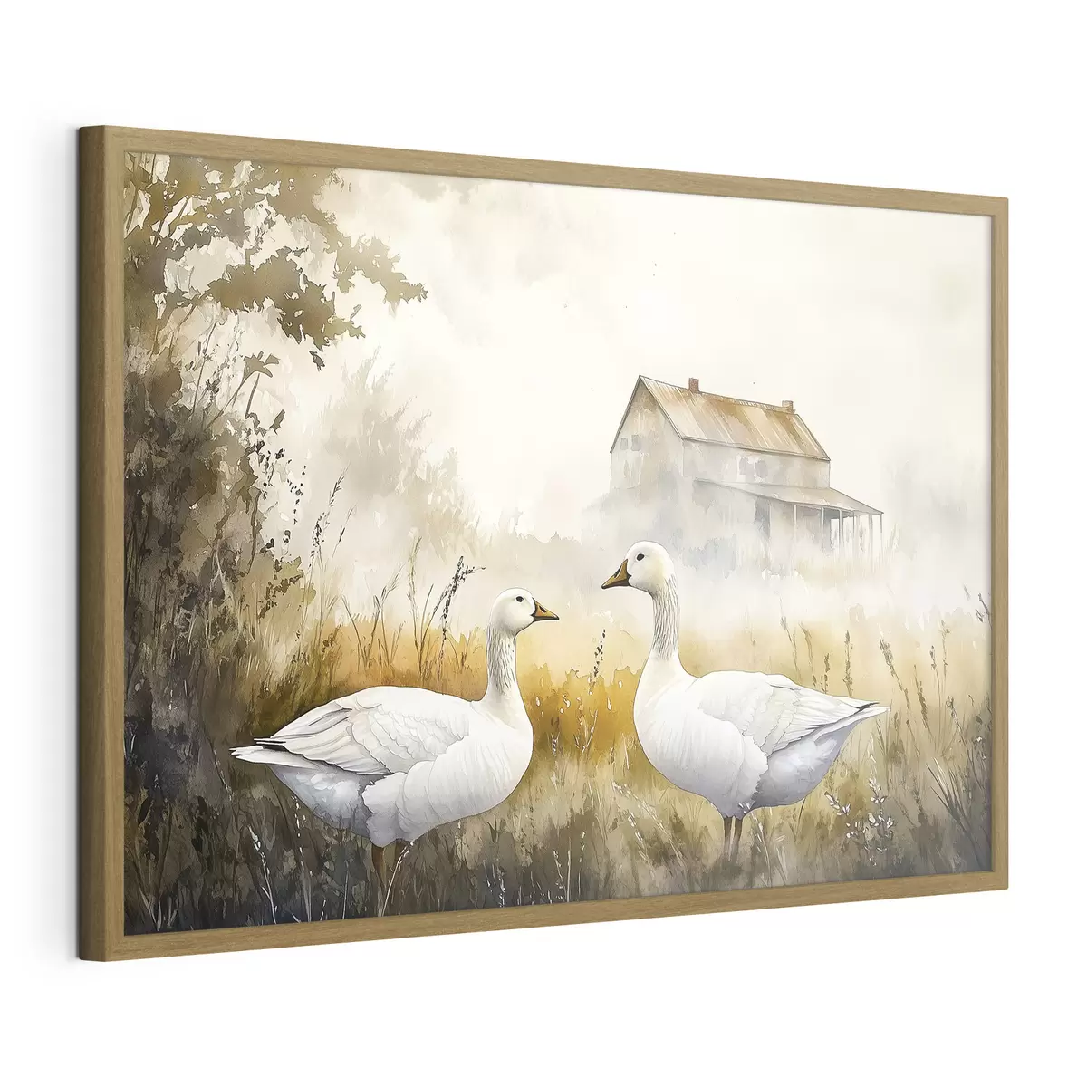 Poster Aquarell-Stil Gänse auf dem Feld, Dorf, rustikal f44024