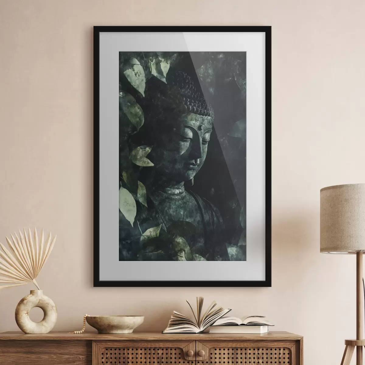 Poster Meditativer Buddha in den grünen Blättern, spirituell f44029