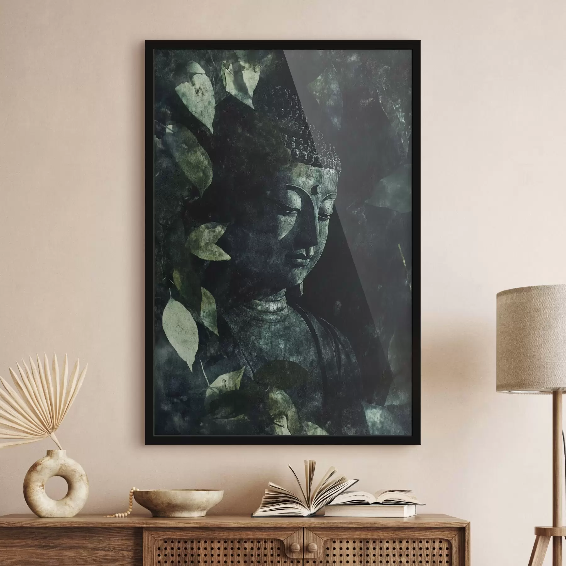 Fototapete Meditativer Buddha in den grünen Blättern, spirituell f44029