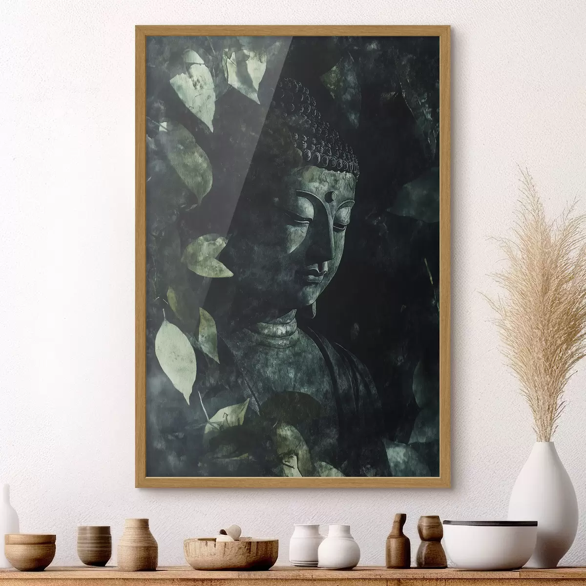 Poster Meditativer Buddha in den grünen Blättern, spirituell f44029