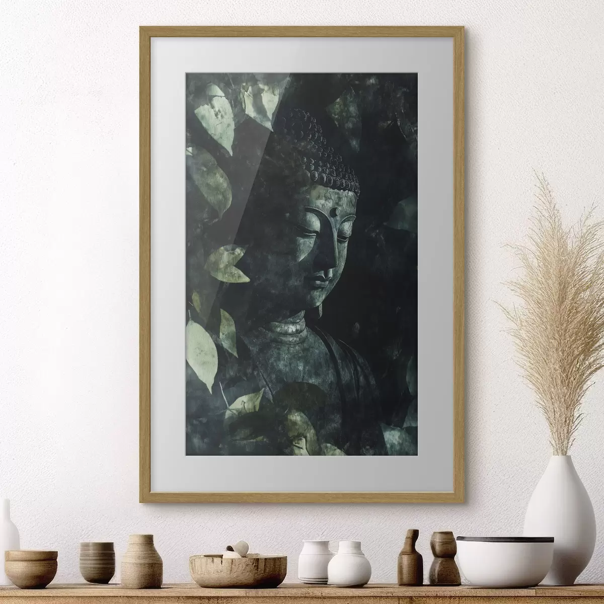 Poster Meditativer Buddha in den grünen Blättern, spirituell f44029