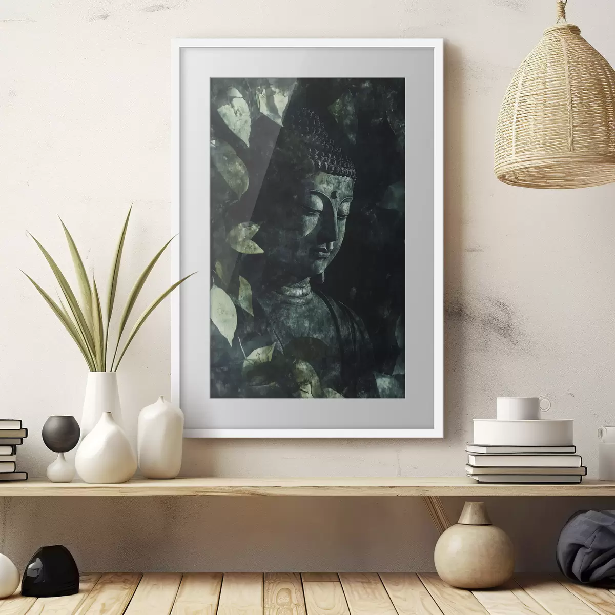 Poster Meditativer Buddha in den grünen Blättern, spirituell f44029