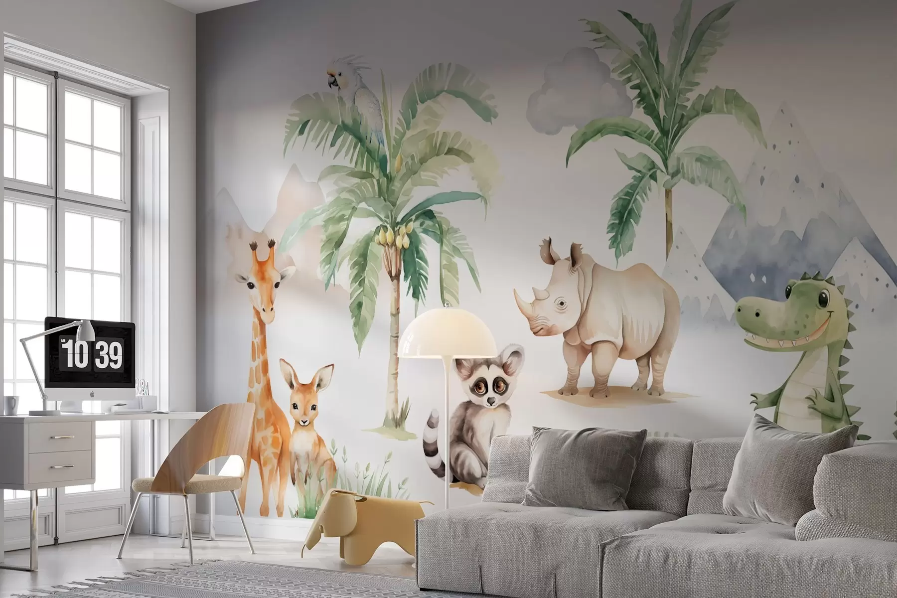Fototapete Tropische Tiere in der Nähe von Palmen Nachahmung des Aquarells w03740