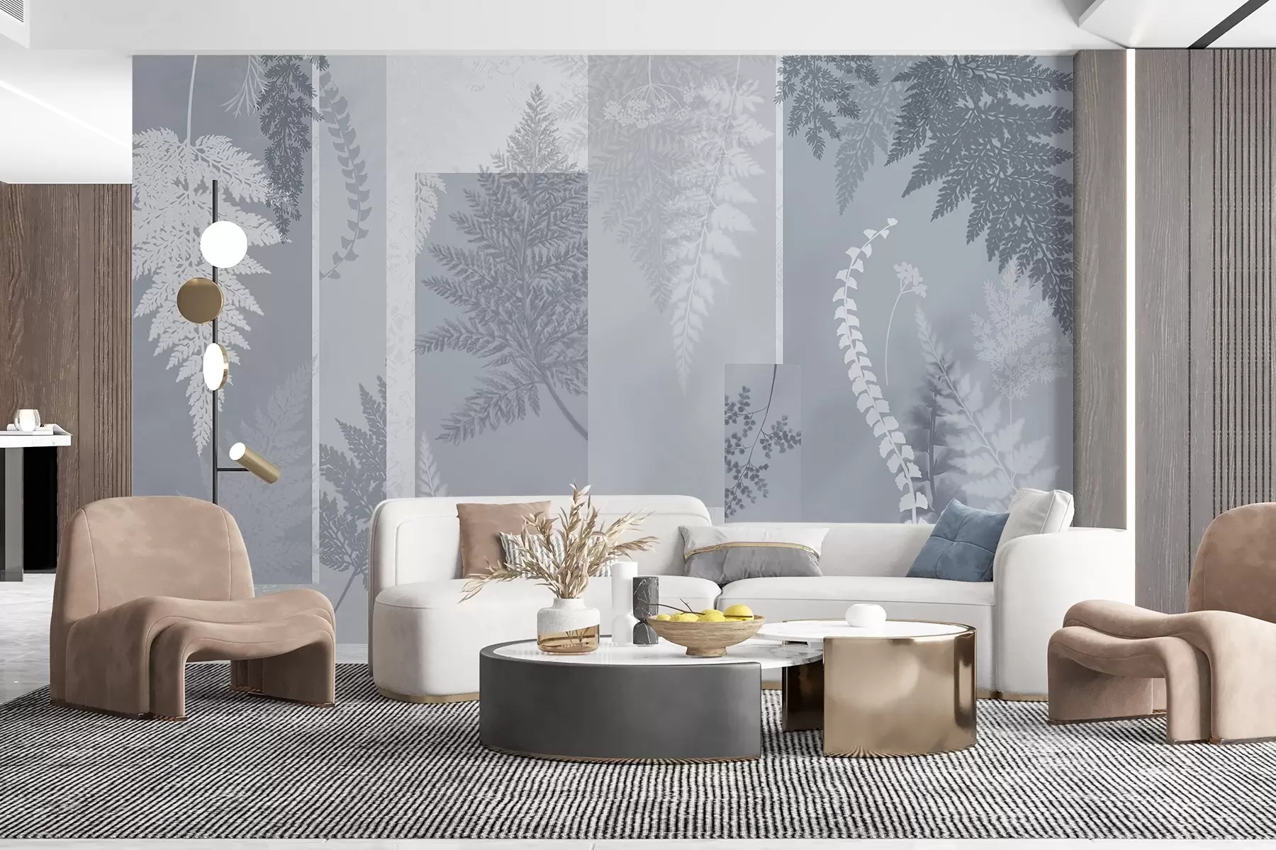 Fototapete Farnblätter in Blau und Weiß, in vertikalen Streifen angeordnet, wodurch ein botanischer und minimalistischer Druck entsteht, weiche und gedeckte Farben w09007v1