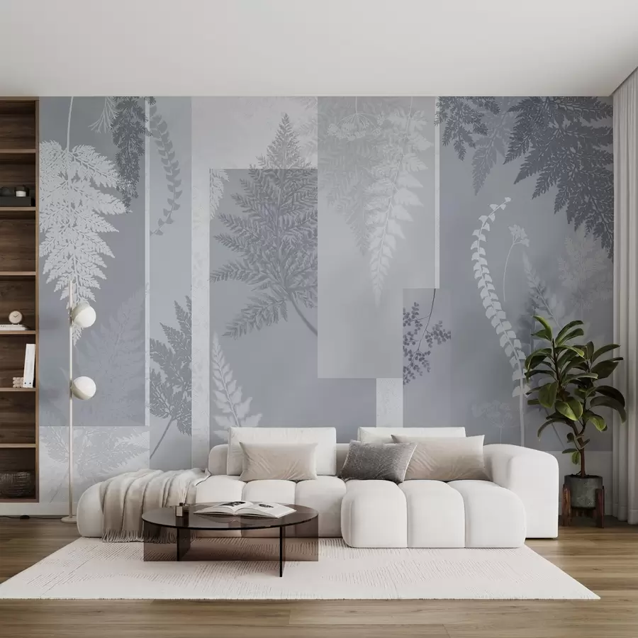 Fototapete Farnblätter in Blau und Weiß, in vertikalen Streifen angeordnet, wodurch ein botanischer und minimalistischer Druck entsteht, weiche und gedeckte Farben w09007v1