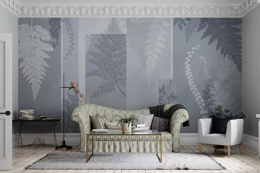 Fototapete Farnblätter in Blau und Weiß, in vertikalen Streifen angeordnet, wodurch ein botanischer und minimalistischer Druck entsteht, weiche und gedeckte Farben w09007v1