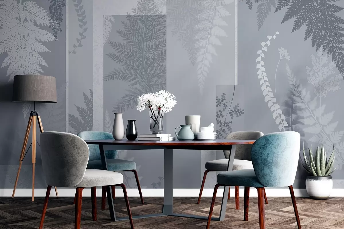 Fototapete Farnblätter in Blau und Weiß, in vertikalen Streifen angeordnet, wodurch ein botanischer und minimalistischer Druck entsteht, weiche und gedeckte Farben w09007v1