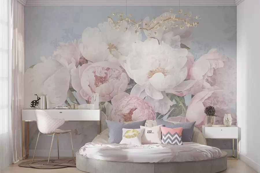 Fototapete Texturierte abstrakte rosa und weißen Pfingstrosen mit grünen Blättern, hellblauem Hintergrund, weichen und zarten Farben, Vintage-Stil w09008