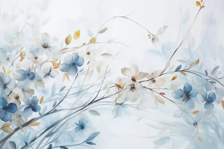 Fototapete Blumenarrangement mit blauen, orangefarbenen Blättern und weißen Blüten, zarten Blütenblättern, dünnen Zweigen, sanften Farben, Aquarelleffekt w09009