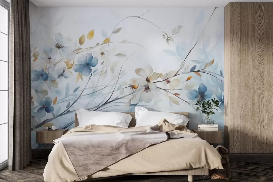 Fototapete Blumenarrangement mit blauen, orangefarbenen Blättern und weißen Blüten, zarten Blütenblättern, dünnen Zweigen, sanften Farben, Aquarelleffekt w09009