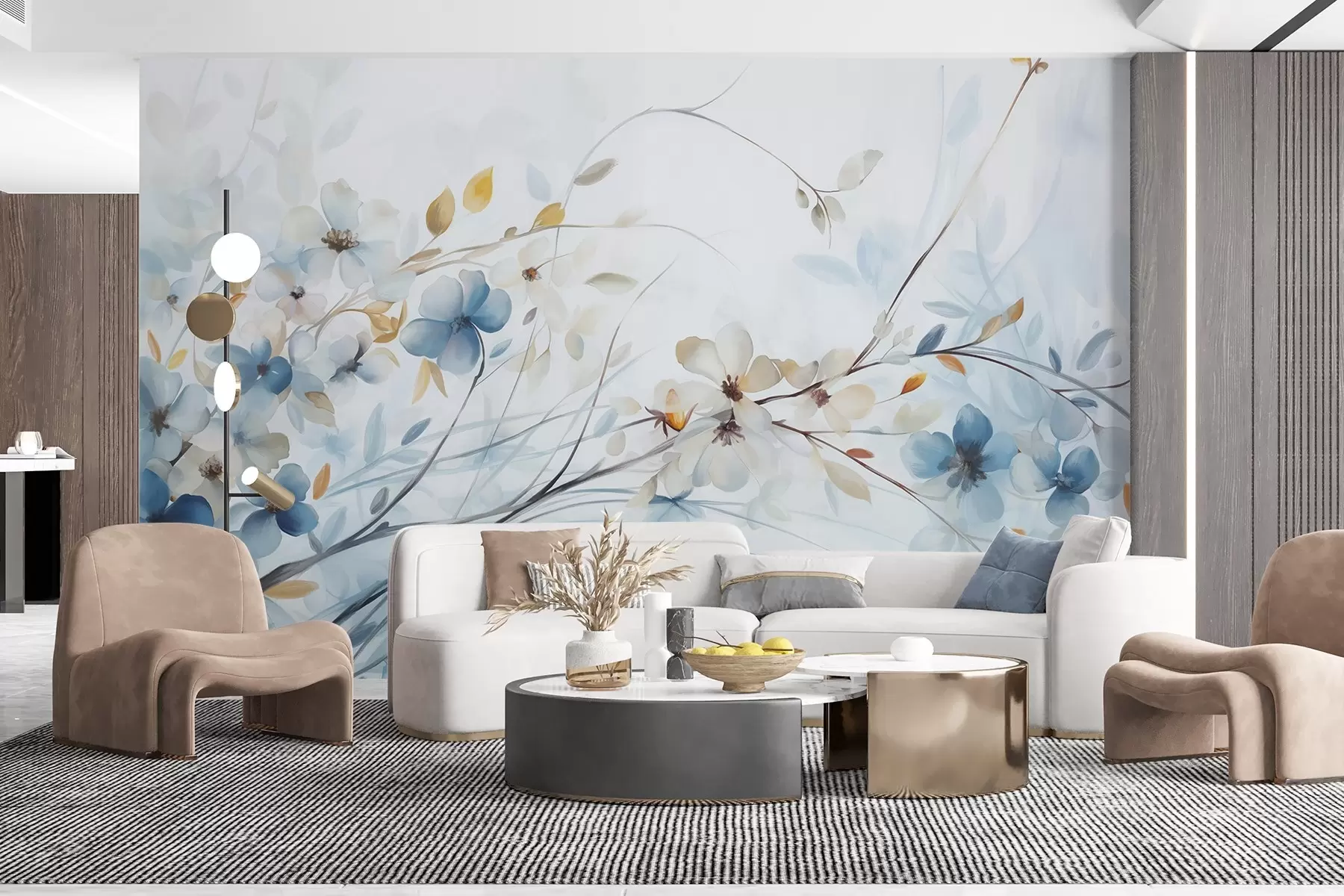 Fototapete Blumenarrangement mit blauen, orangefarbenen Blättern und weißen Blüten, zarten Blütenblättern, dünnen Zweigen, sanften Farben, Aquarelleffekt w09009