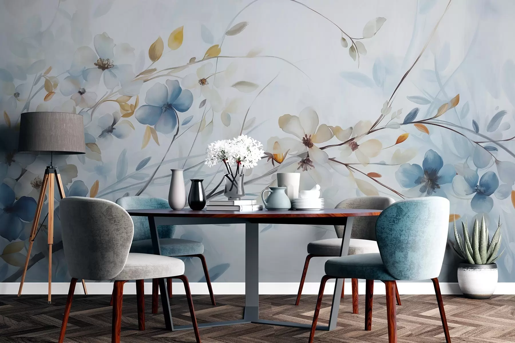 Fototapete Blumenarrangement mit blauen, orangefarbenen Blättern und weißen Blüten, zarten Blütenblättern, dünnen Zweigen, sanften Farben, Aquarelleffekt w09009