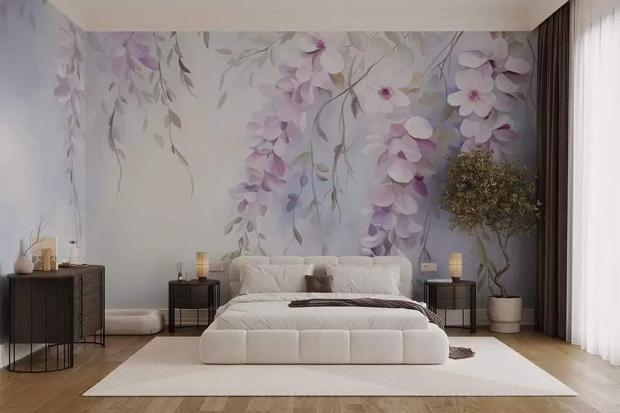 Fototapete Glyzinienblüten mit lilafarbenen Blütenblättern und grünen Blättern, die von den Zweigen hängen, weiche Pastellfarben, pastellfarbener Hintergrund w09010