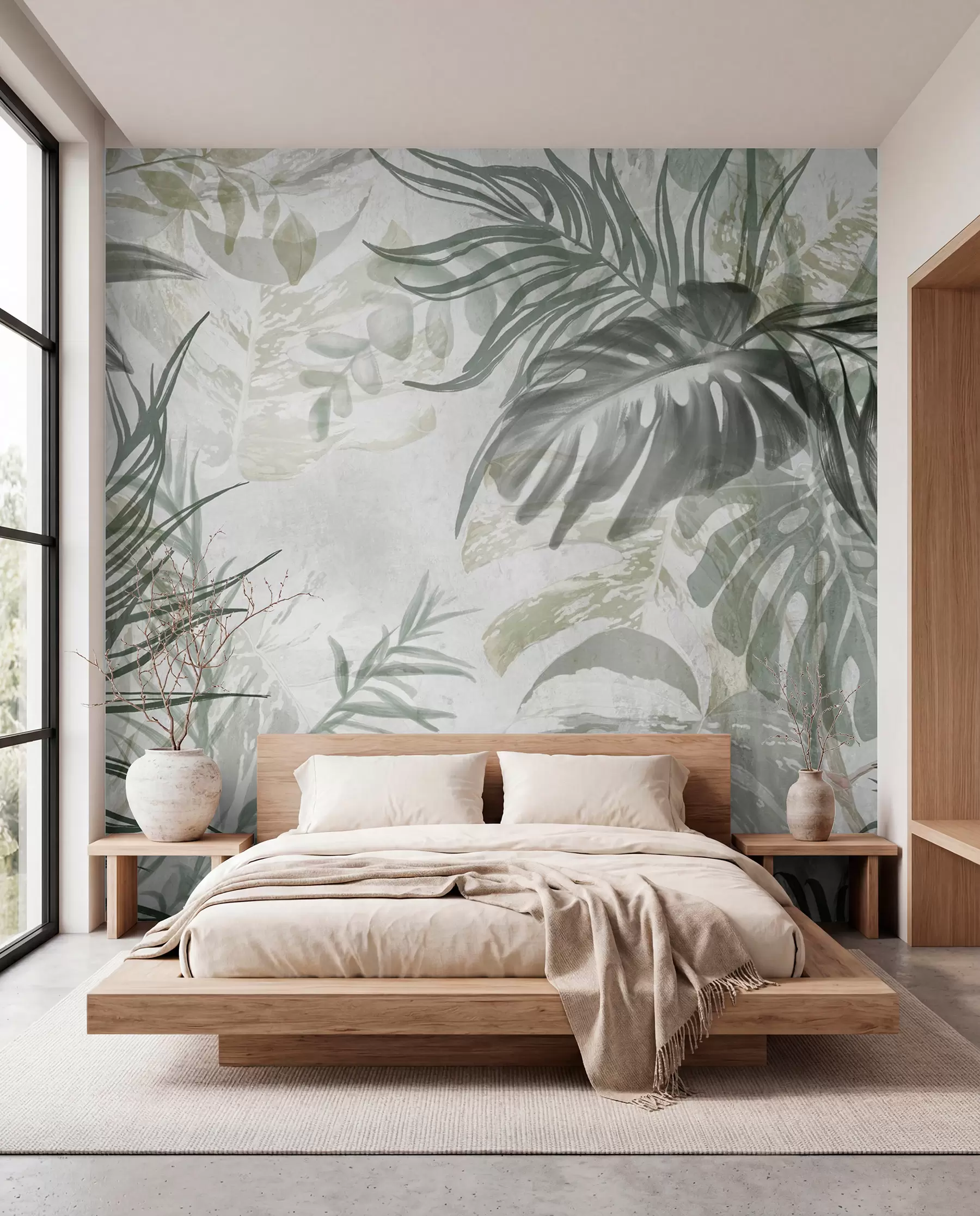 Fototapete Monstera und Palmenblätter in Grün- und Grautönen, botanisch, tropisches Laub, Dschungelpflanzen, strukturierter Hintergrund w09011