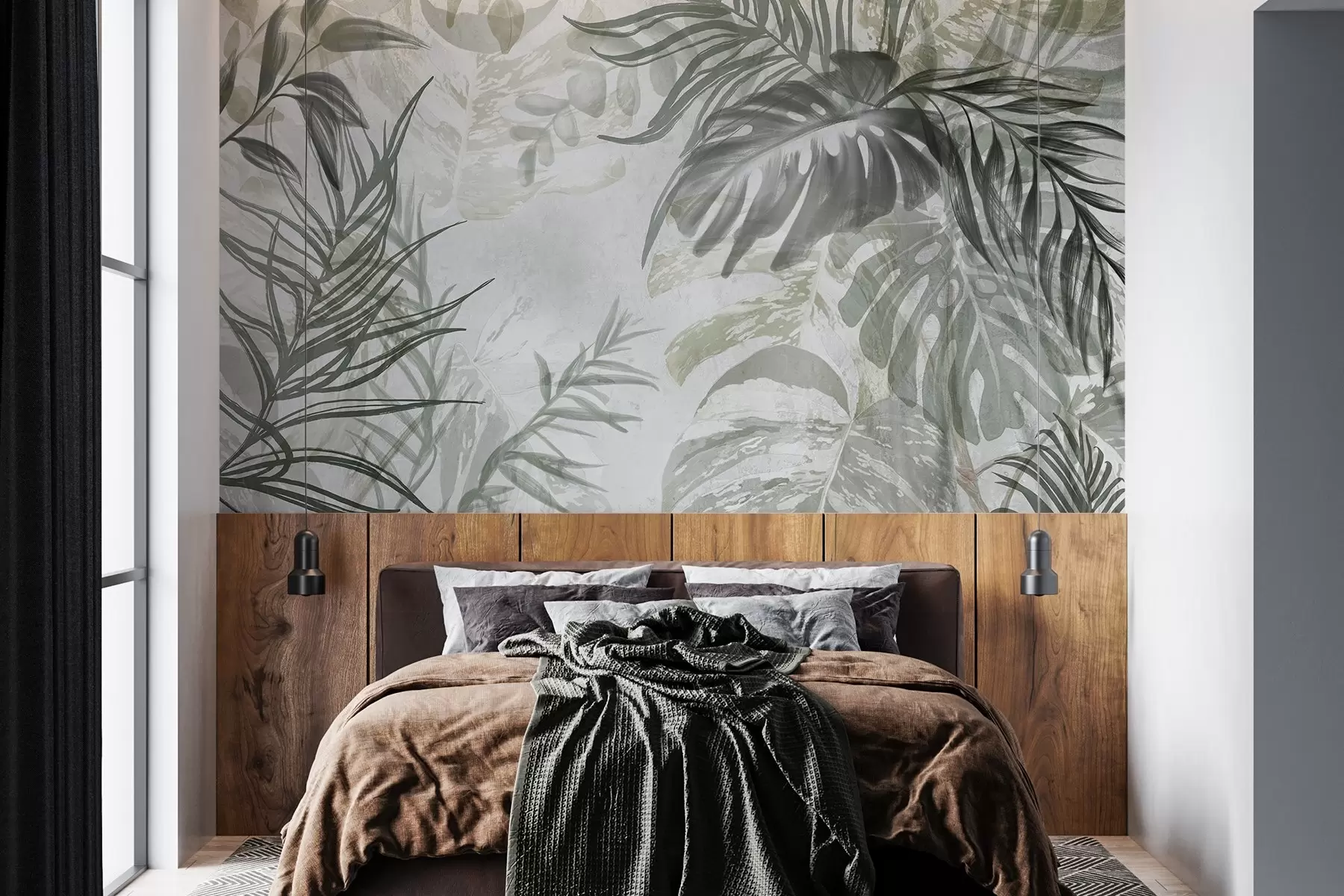 Fototapete Monstera und Palmenblätter in Grün- und Grautönen, botanisch, tropisches Laub, Dschungelpflanzen, strukturierter Hintergrund w09011